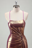 Metallic Gold Mermaid Spaghetti Straps Ruched Long Prom Dress With Slit