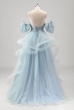 Strapless Sparkly Sequins Tulle A Line Pleated Prom Dress