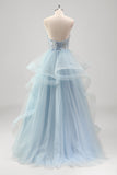 Strapless Sparkly Sequins Tulle A Line Pleated Prom Dress