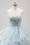 Strapless Sparkly Sequins Tulle A Line Pleated Prom Dress