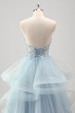 Strapless Sparkly Sequins Tulle A Line Pleated Prom Dress