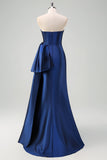 Dark Blue Strapless Pleated Long Prom Dress with Draped Bow Accent