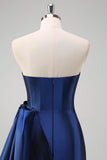 Dark Blue Strapless Pleated Long Prom Dress with Draped Bow Accent