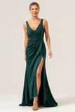 Dark Green Sheath V Neck Ruched High-Low Bridesmaid Dress with Slit