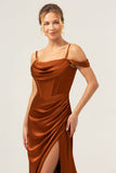 Coffee Mermaid Cold Shoulder Ruched Corset Long Bridesmaid Dress with Slit