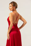 Burgundy A Line Spaghetti Straps Backless Satin Long Bridesmaid Dress with Slit