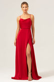 Burgundy Spaghetti Straps A-Line Bridesmaid Dress with Slit