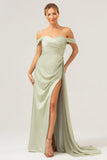 Sage Mermaid Off The Shoulder Pleated Satin Bridesmaid Dress with Slit