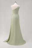 Sage One Shoulder Satin Side Streamer Mermaid Bridesmaid Dress with Slit