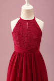 Burgundy A Line Round Neck Sleeveless Junior Bridesmaid Dress