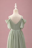 Sage A Line Spaghetti Straps Chiffon Ruched Junior Bridesmaid Dress