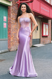 Purple Beaded Mermaid Corset Strapless Long Prom Dress