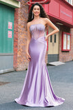 Purple Beaded Mermaid Corset Strapless Long Prom Dress