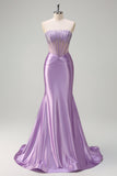 Sparkly Lilac Mermaid Strapless Sheer Corset Long Prom Dress with Beading