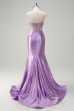 Sparkly Lilac Mermaid Strapless Sheer Corset Long Prom Dress with Beading