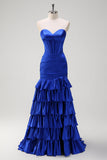 Royal Blue Mermaid Strapless Corset Tiered Prom Dress