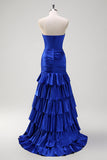 Royal Blue Mermaid Strapless Corset Tiered Prom Dress