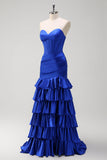 Royal Blue Mermaid Strapless Corset Tiered Prom Dress