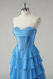 Blue Sweetheart Ruffled A Line Long Prom Dress