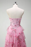 Blush Floral A Line Strapless Corset Tiered Prom Dress