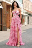 Floral A Line Strapless Corset Tiered Blush Prom Dress with Slit