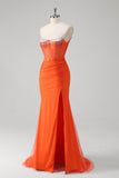 Orange Spaghetti Straps Beaded Corset Mermaid Prom Dress