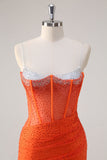 Orange Spaghetti Straps Beaded Corset Mermaid Prom Dress