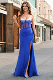 Royal Blue Corset Mermaid Slit Long Prom Dress with Beading