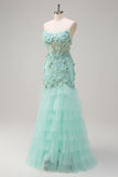 Green Mermaid Strapless Sheer Corset Ruffled Long Prom Dress with 3D Flowers