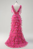 Fuchsia A Line Ruffle V-Neck Tiered Floral Prom Dress with Slit