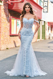 Mermaid Applique Off the Shoulder Corset Blue Prom Dress