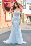 Mermaid Applique Off the Shoulder Corset Blue Prom Dress