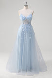 Blue A Line Spaghetti Straps Appliqued Corset Long Prom Dress With Tulle