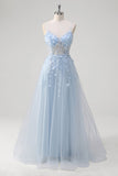 A Line Tulle Spaghetti Straps Corset Applique Blue Prom Dress with Slit