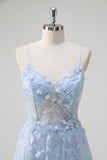 Blue A Line Spaghetti Straps Appliqued Corset Long Prom Dress With Tulle