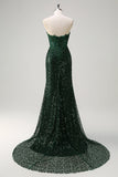 Sparkly Mermaid Sweetheart Dark Green Corset Sequins Lace Prom Dress with Slit