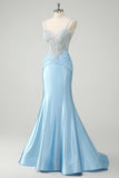 Blue Mermaid Spaghetti Straps Corset Appliqued Prom Dress