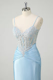 Blue Mermaid Spaghetti Straps Corset Appliqued Prom Dress