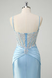 Blue Mermaid Spaghetti Straps Corset Appliqued Prom Dress