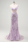 Lilac Mermaid Spaghetti Straps Corset Sequin Long Prom Dress