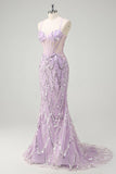 Lilac Mermaid Spaghetti Straps Corset Sequin Long Prom Dress