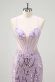 Lilac Mermaid Spaghetti Straps Corset Sequin Long Prom Dress