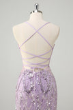 Lilac Mermaid Spaghetti Straps Corset Sequin Long Prom Dress