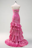 Sparkly Fuchsia Mermaid Strapless Beaded Ruched Ruffles Long Prom Dress with Slit