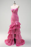 Sparkly Fuchsia Mermaid Strapless Beaded Ruched Ruffles Long Prom Dress with Slit