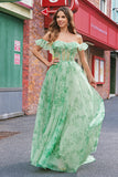 Floral A Line Off The Shoulder Corset Long Green Prom Dress