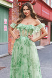 Floral A Line Off The Shoulder Corset Long Green Prom Dress