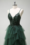 Sparkly Dark Green A-Line Corset Ruffles Appliqued Long Prom Dress with Slit