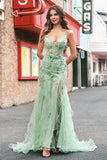 Mermaid Green Corset Spaghetti Straps Long Prom Dress with 3D Flowers