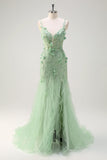 Mermaid Green Corset Spaghetti Straps Long Prom Dress with 3D Flowers